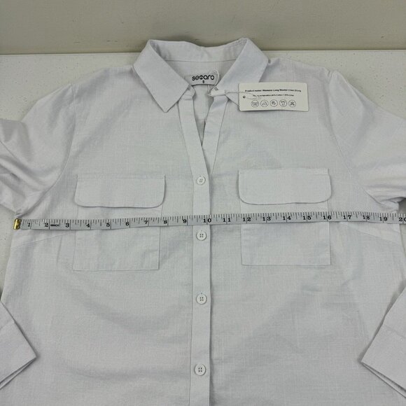 Womens Button Down Long Sleeve Shirts Casual V Neck Cotton Linen Roll Sleeve S - Picture 5 of 9